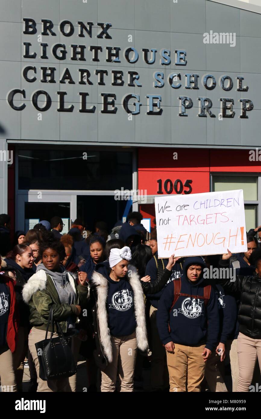 The Bronx, New York, US. 14th. Mar, 2018. Students of the Bronx Lighthouse Charter School walked out of their classrooms in a seventeen (17) minutes silent protest on 14th. March, 2018, during a national protest against school gun violence and in solidarity with Marjory Stoneman Douglas High School students in Parkland, Florida, whose school was the scene of a mass shooting that resulted in 17 deaths last February.   © 2018 G. Ronald Lopez/DigiPixsAgain.us/Alamy Live New Stock Photo