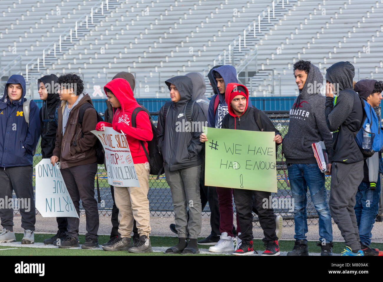 Dearborn, Michigan USA - 14 March 2018 - Students from Fordson High School walked out of class for 17 minutes one month after 17 persons were killed in the Parkland High School shooting. They were part of a national student protest against gun violence. Stock Photo
