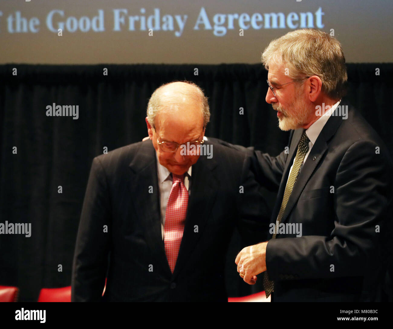 Senator George Mitchell and Gerry Adams at a Good Friday Agreement 20th anniversary event at the Library of Congress in Washington DC on day three of Taoiseach Leo Varadkar's week long visit to the United States of America. Stock Photo