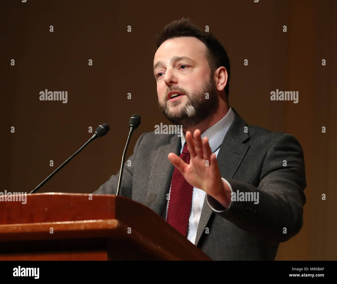 SDLP Leader Colum Eastwood speaking at a Good Friday Agreement 20th anniversary event at the Library of Congress in Washington DC on day three of Taoiseach Leo Varadkar's week long visit to the United States of America. Stock Photo