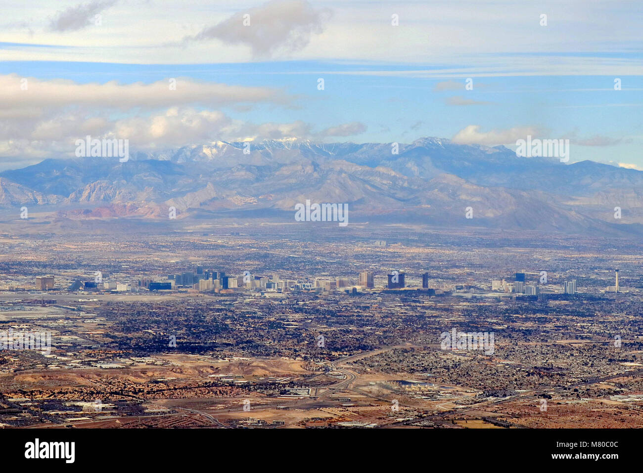 Aerial view of the Las Vegas Strip with Mount Charleston in the