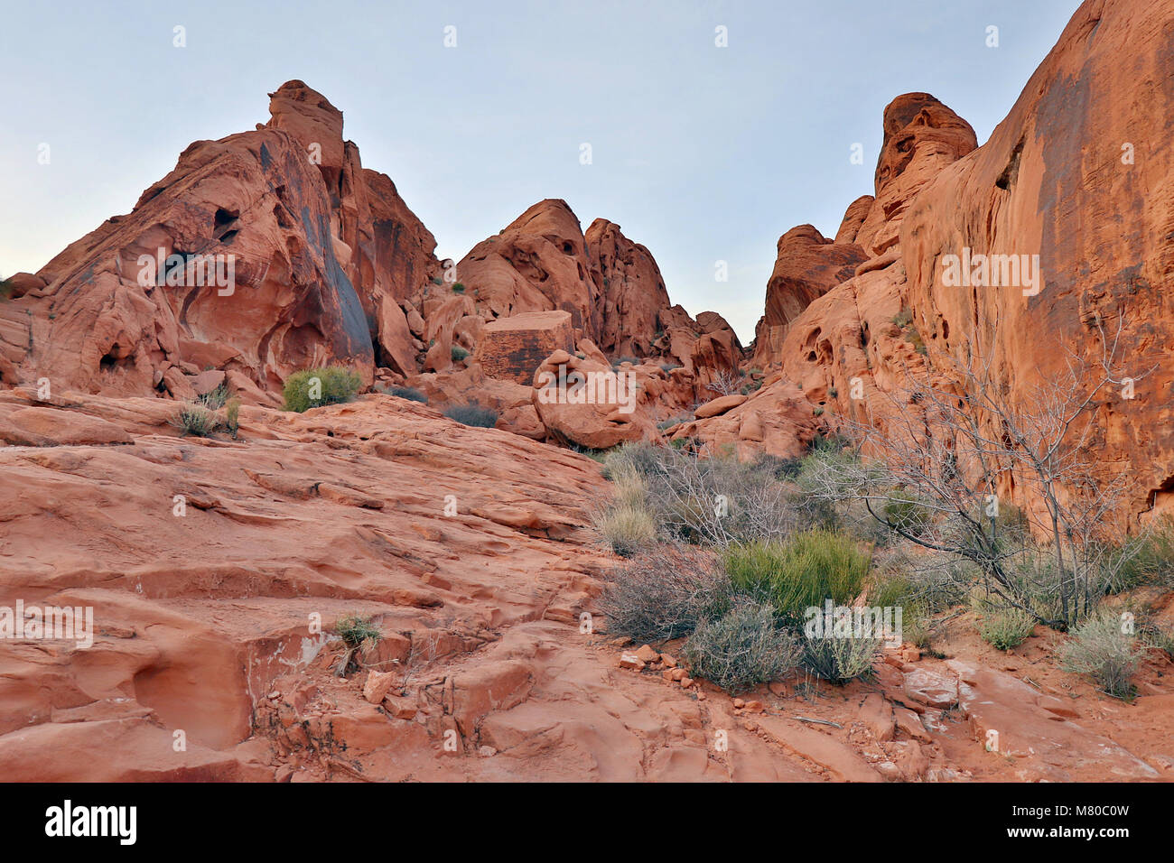 Ancient red rock formations in the Valley of Fire State Park in the desert outside Las Vegas, Nevada. Stock Photo