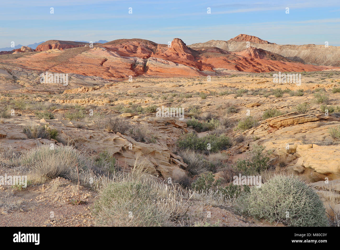 Ancient red rock formations in the Valley of Fire State Park in the desert outside Las Vegas, Nevada. Stock Photo