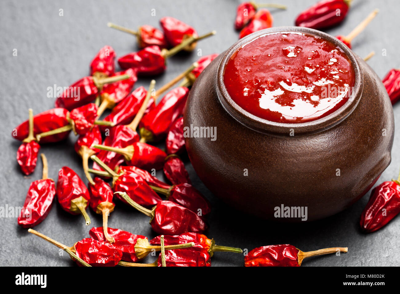 Hot  sauce from chilli peppers and tomatoes Stock Photo