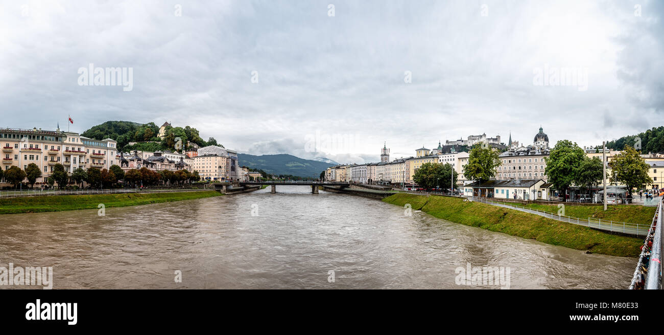 Salzburg, Austria - August 6, 2017: Scenic panoramic view of river in Salzburg. The Old Town of Salzburg is internationally renowned for its baroque a Stock Photo