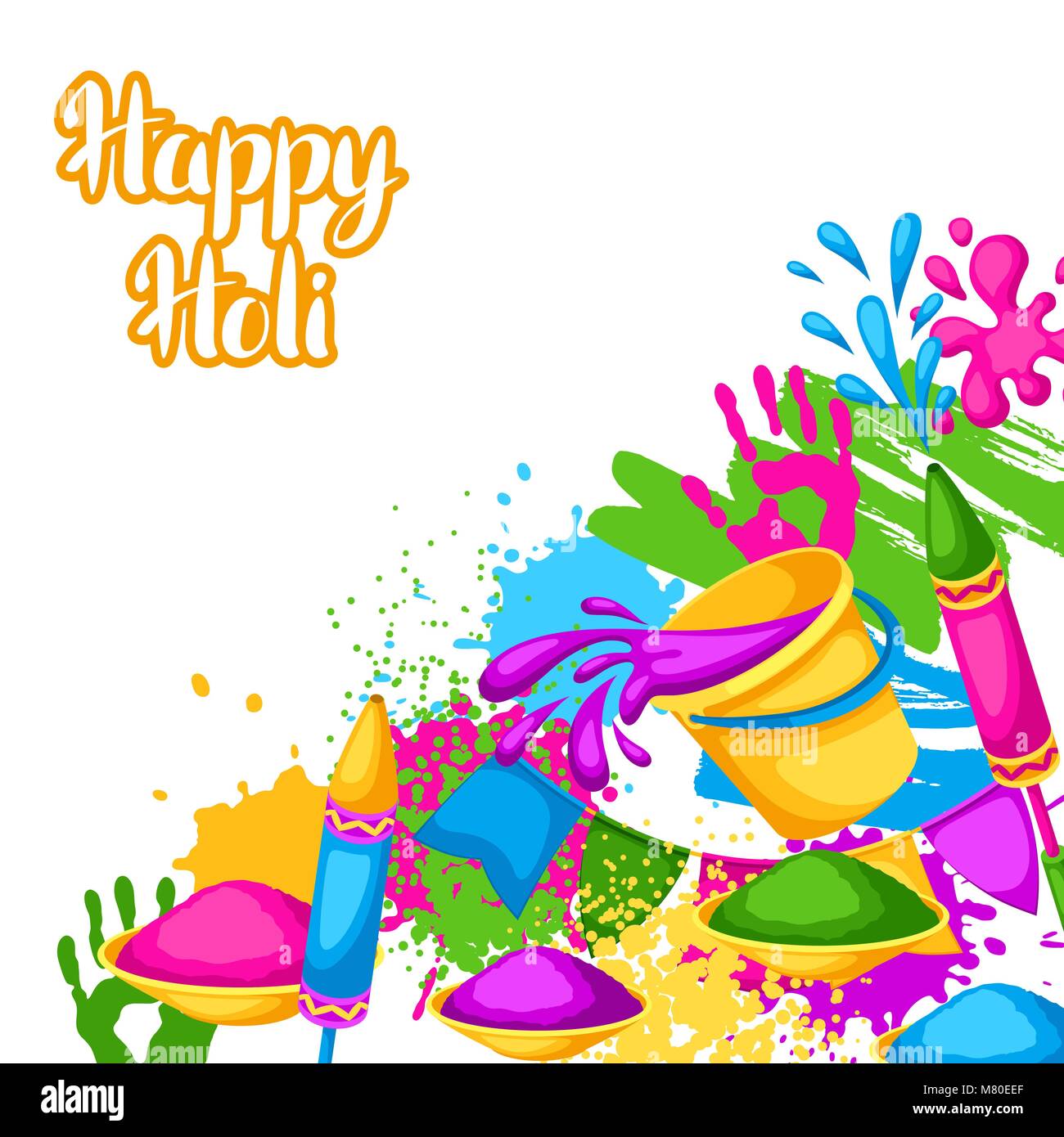 Happy Holi colorful background. Illustration of buckets with paint, water  guns, flags, blots and stains Stock Vector Image & Art - Alamy