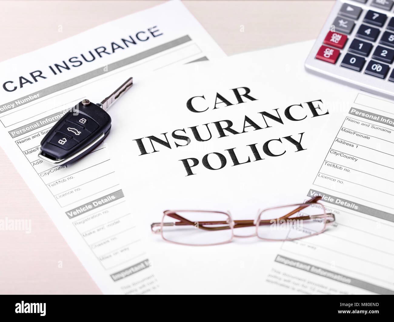 Car Insurance Policy. Document, Key, Glasses and Calculator on ...