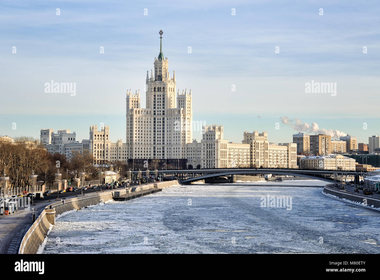 Kotelnicheskaya Embankment Building And Frozen Moskva River Stock