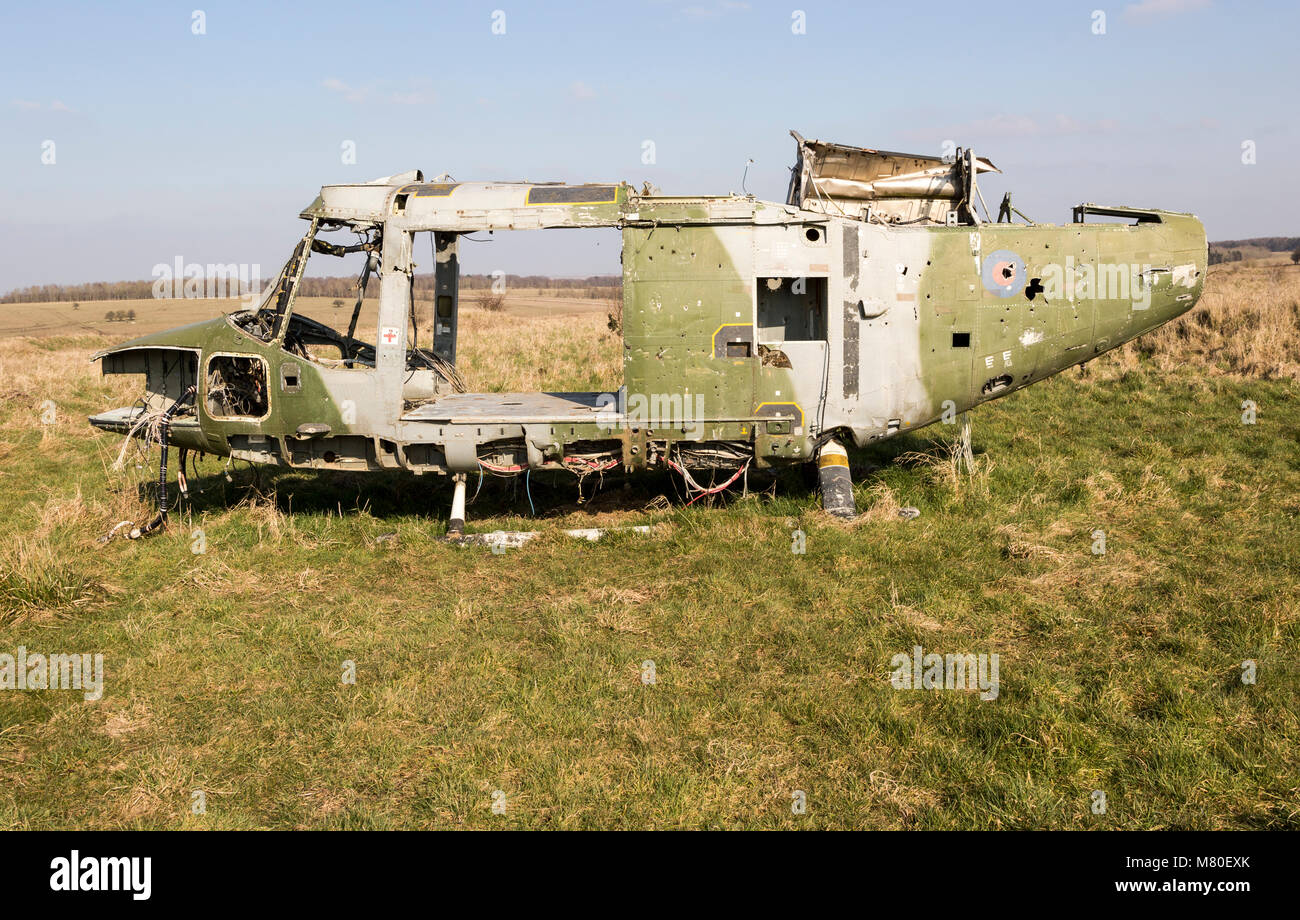Westland Lynx helicopter wreck at Copehill Down FIBUA village military training area, Fighting In Built Up Areas, Wiltshire, England, UK Stock Photo