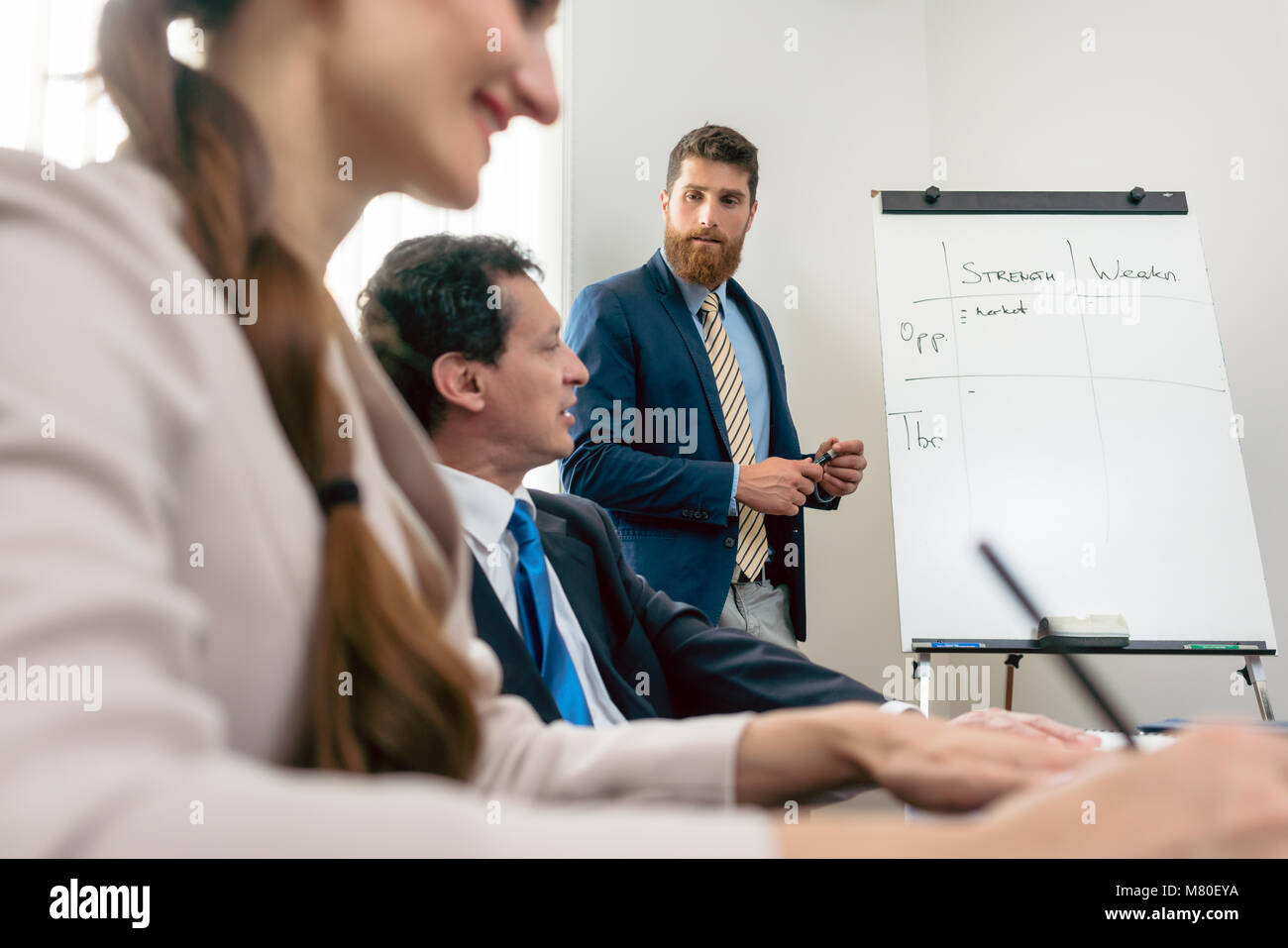 Reliable expert conducting a SWOT analysis during board of directors meeting Stock Photo