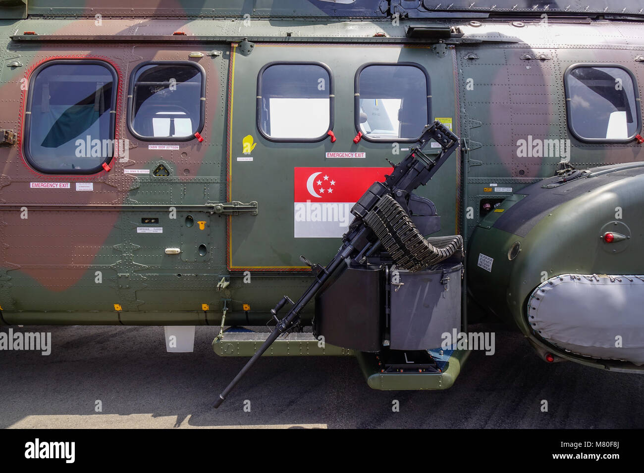 Singapore - Feb 10, 2018. Weapons on AS332M Super Puma helicopter of  Singapore Air Force (RSAF) in Changi, Singapore Stock Photo - Alamy