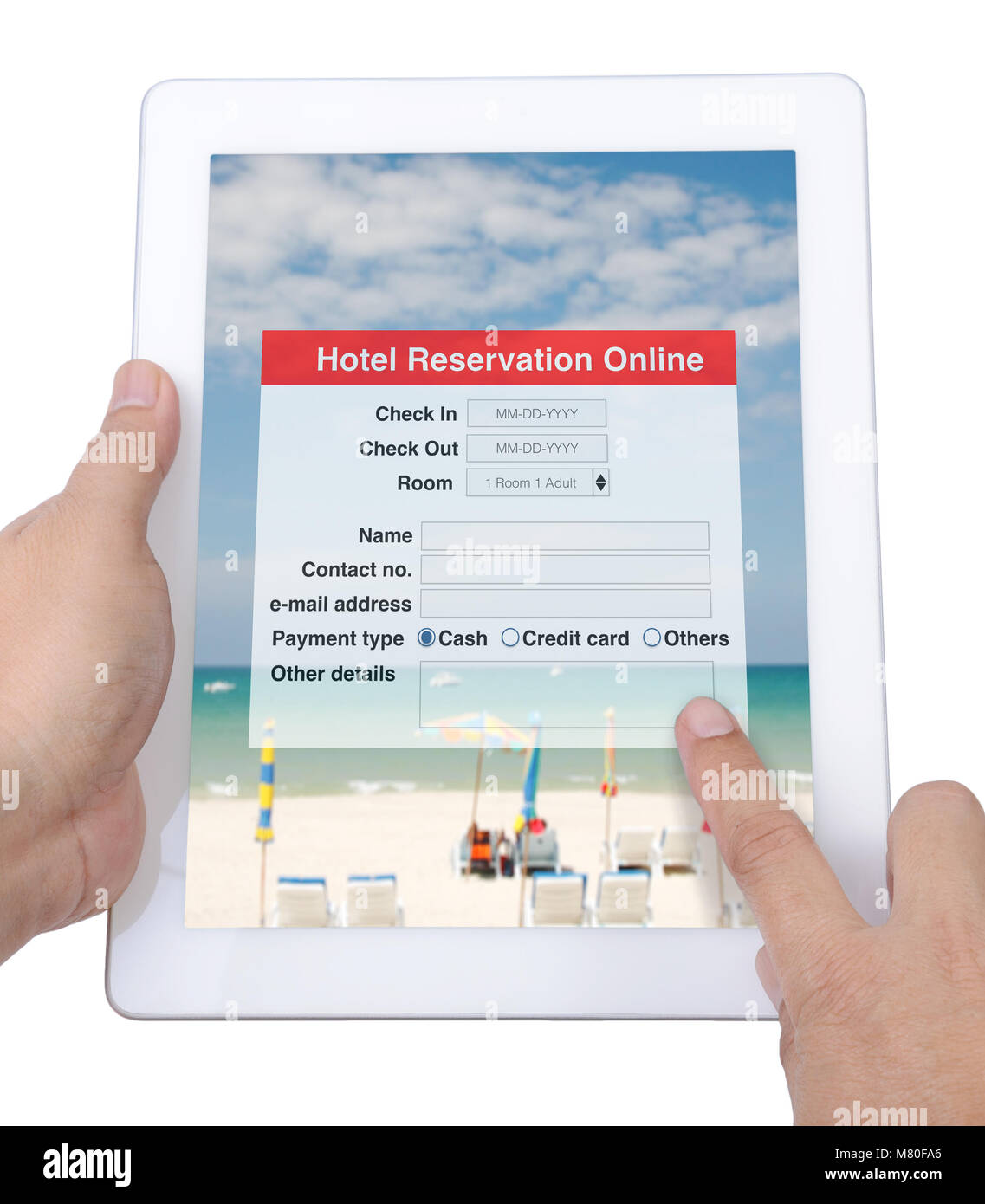 Internet application for hotel reservation online show on digital tablet in someone hand on white background. Stock Photo