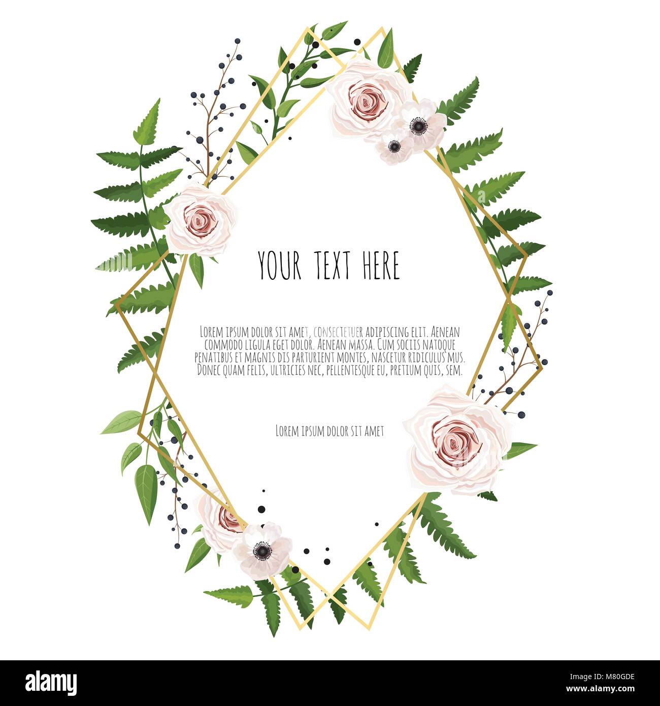 Vector Floral card design with elegant bouquet wreath with pink anemone ...