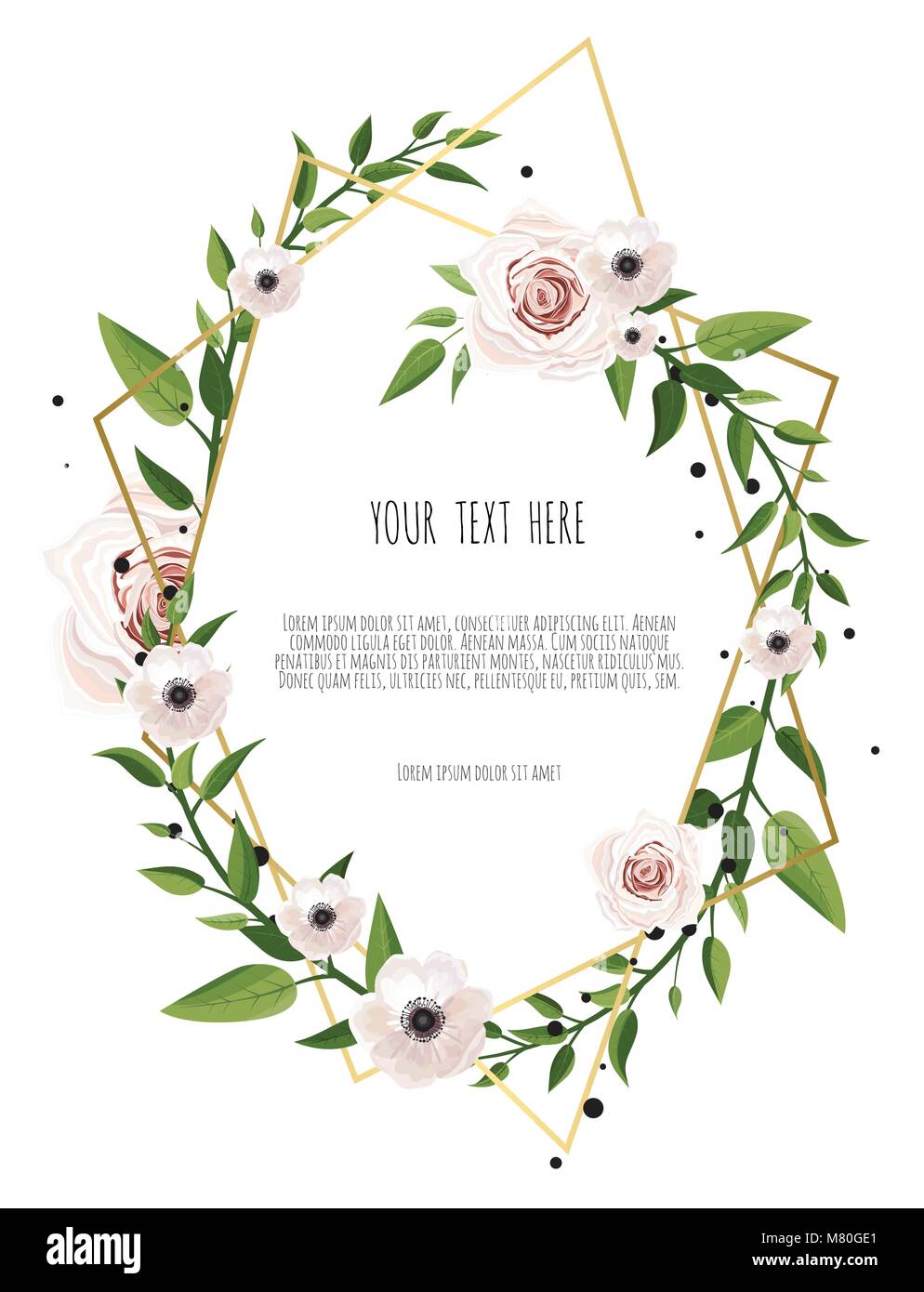 Vector Floral card design with elegant bouquet wreath with pink anemone ...