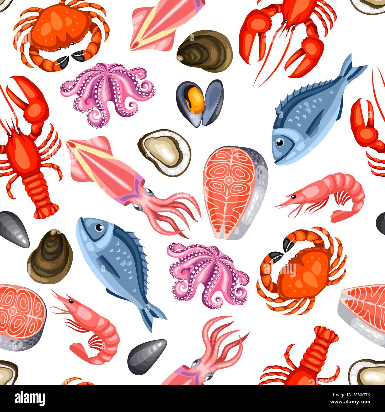 Seamless pattern with various seafood. Illustration of fish, shellfish ...