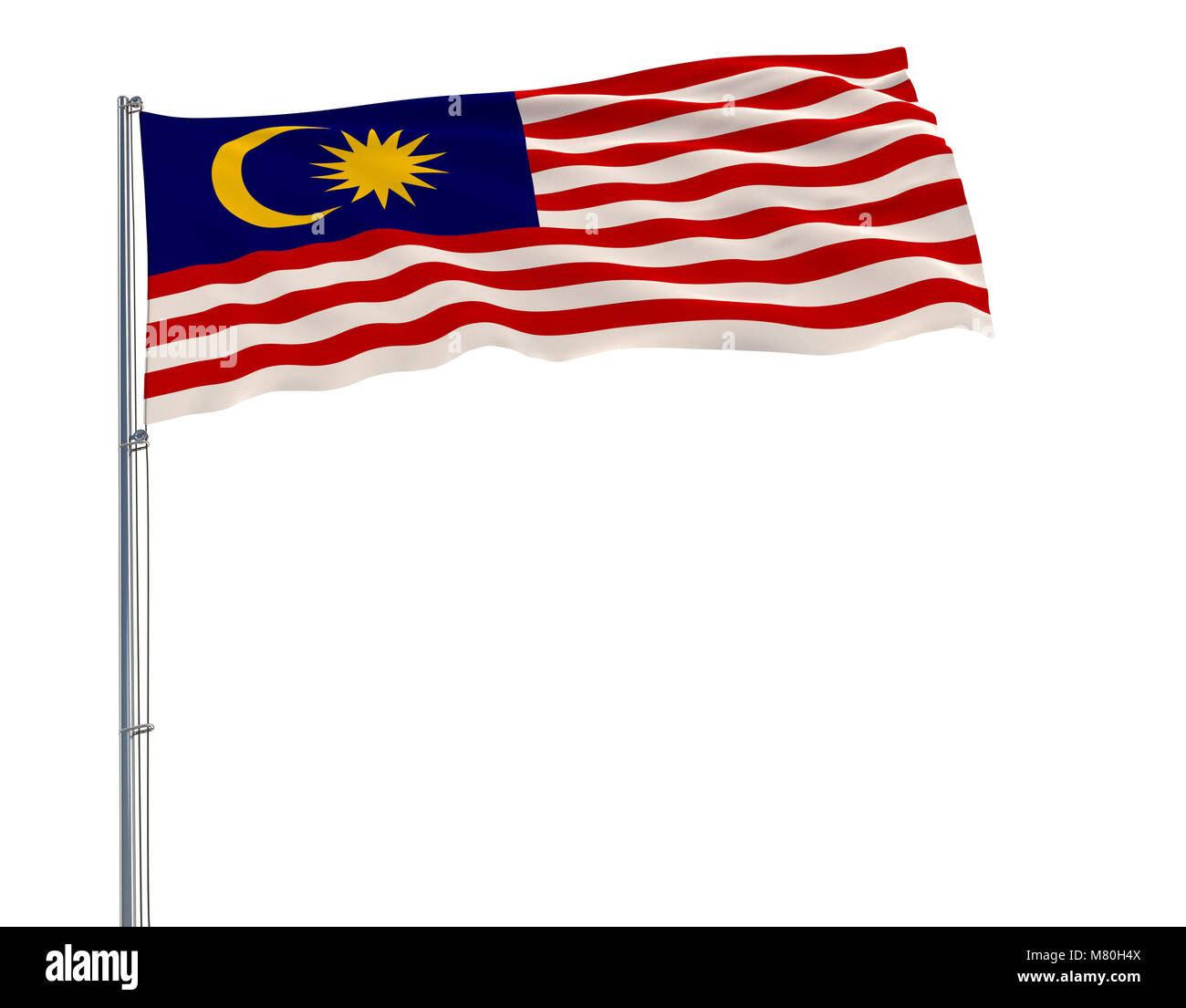 Isolate flag of Malaysia on a flagpole fluttering in the wind on a white background, 3d rendering Stock Photo