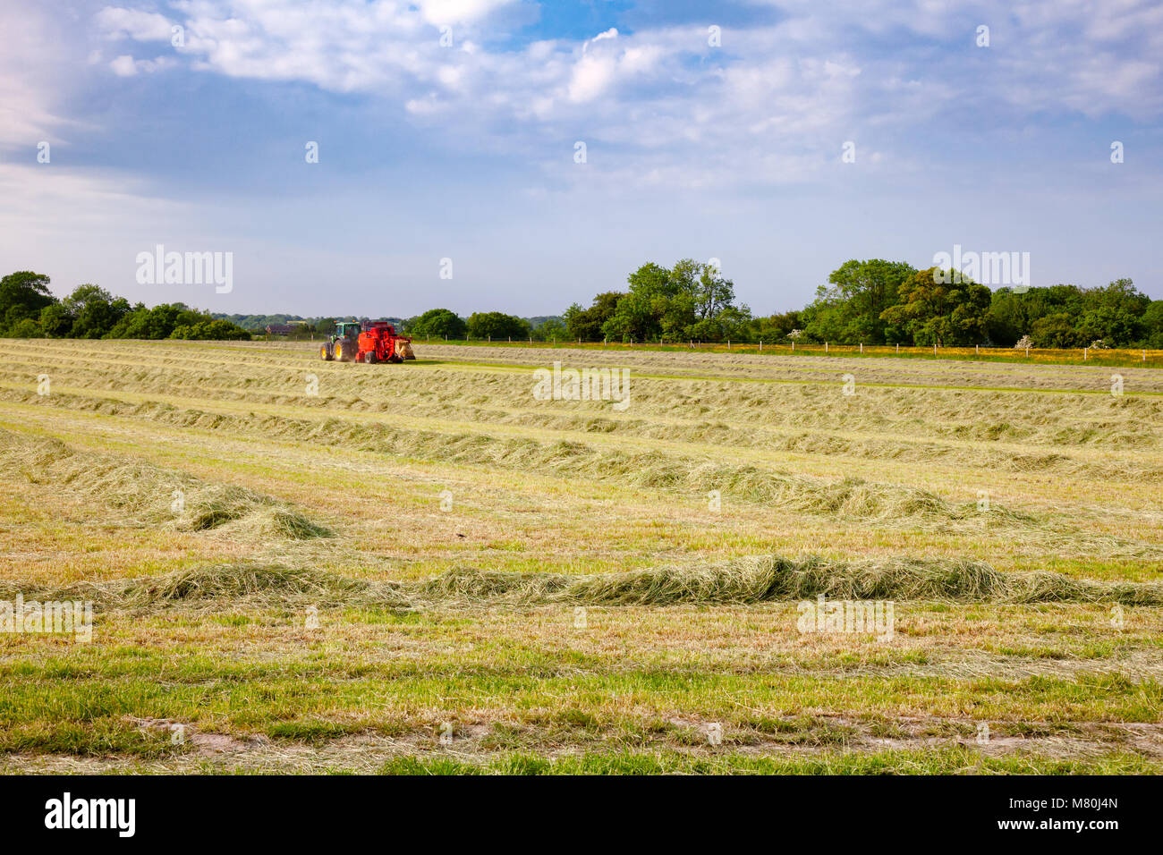 English rural landscape with  tractor collecting cut hay making silage bales Southern England UK Stock Photo