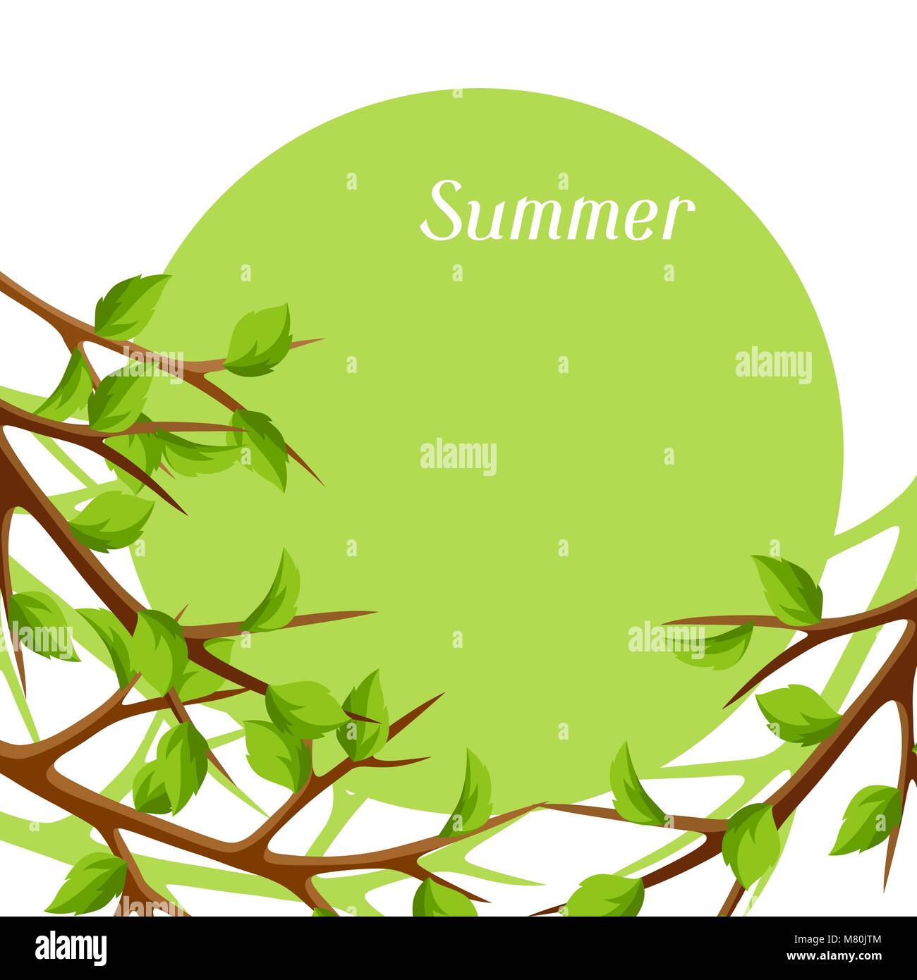 Summer card with branches of tree and green leaves. Seasonal illustration Stock Vector Image