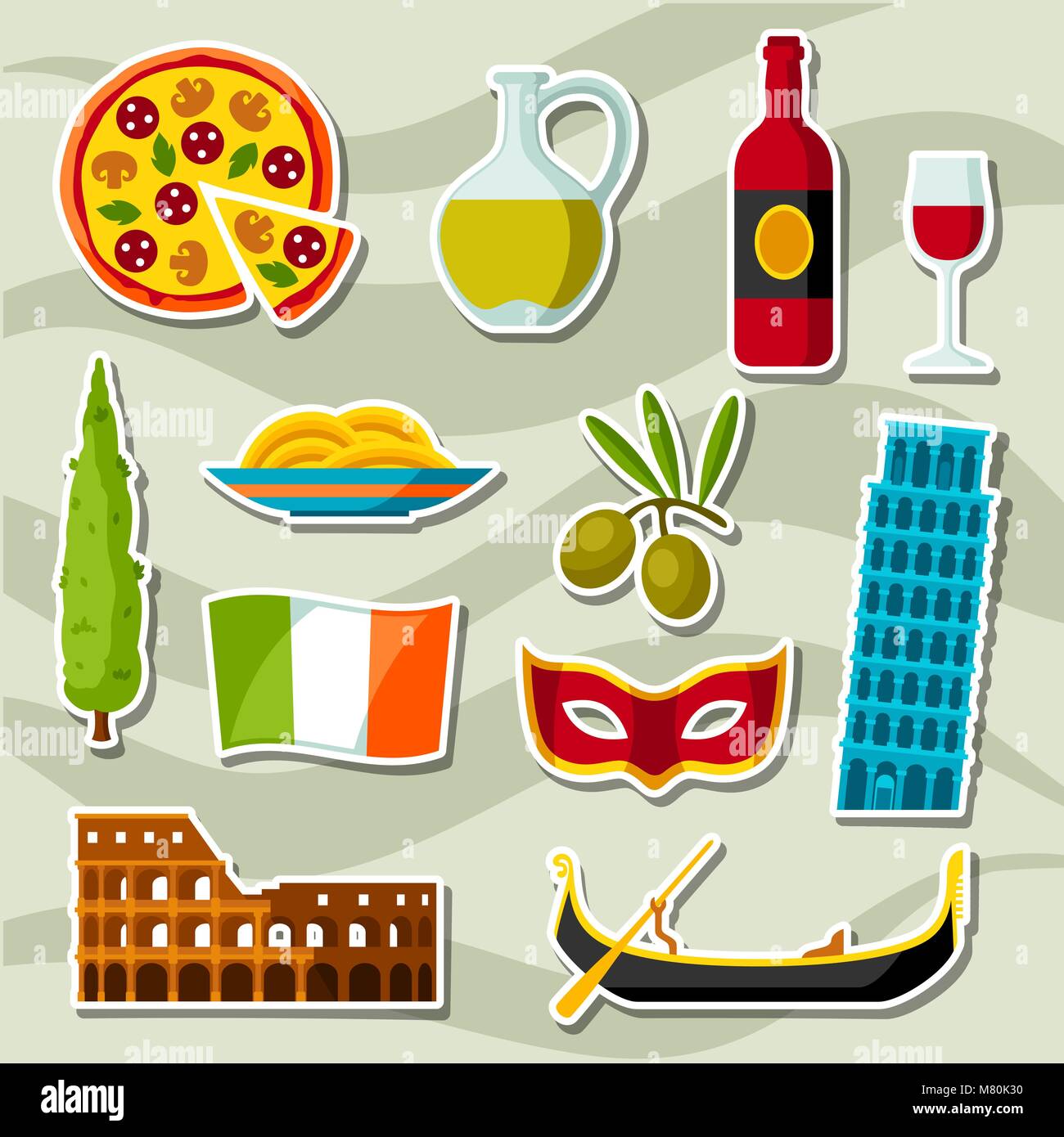 Italy icons set. Italian sticker symbols and objects Stock Vector Image