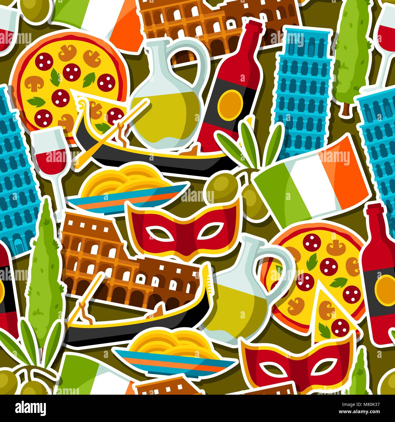 Italy seamless pattern. Italian sticker symbols and objects Stock Vector