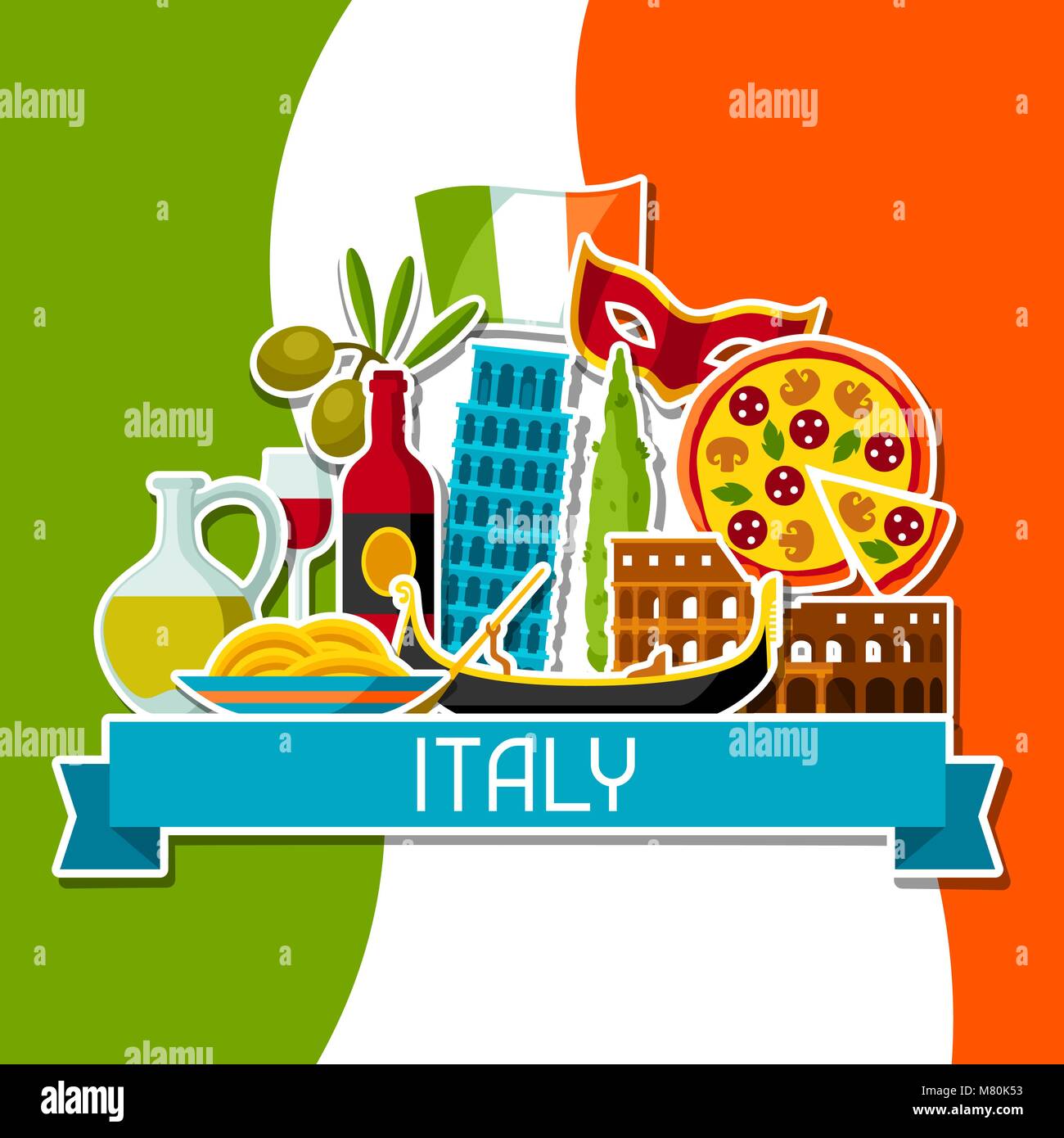 Italy background design. Italian sticker symbols and objects Stock Vector