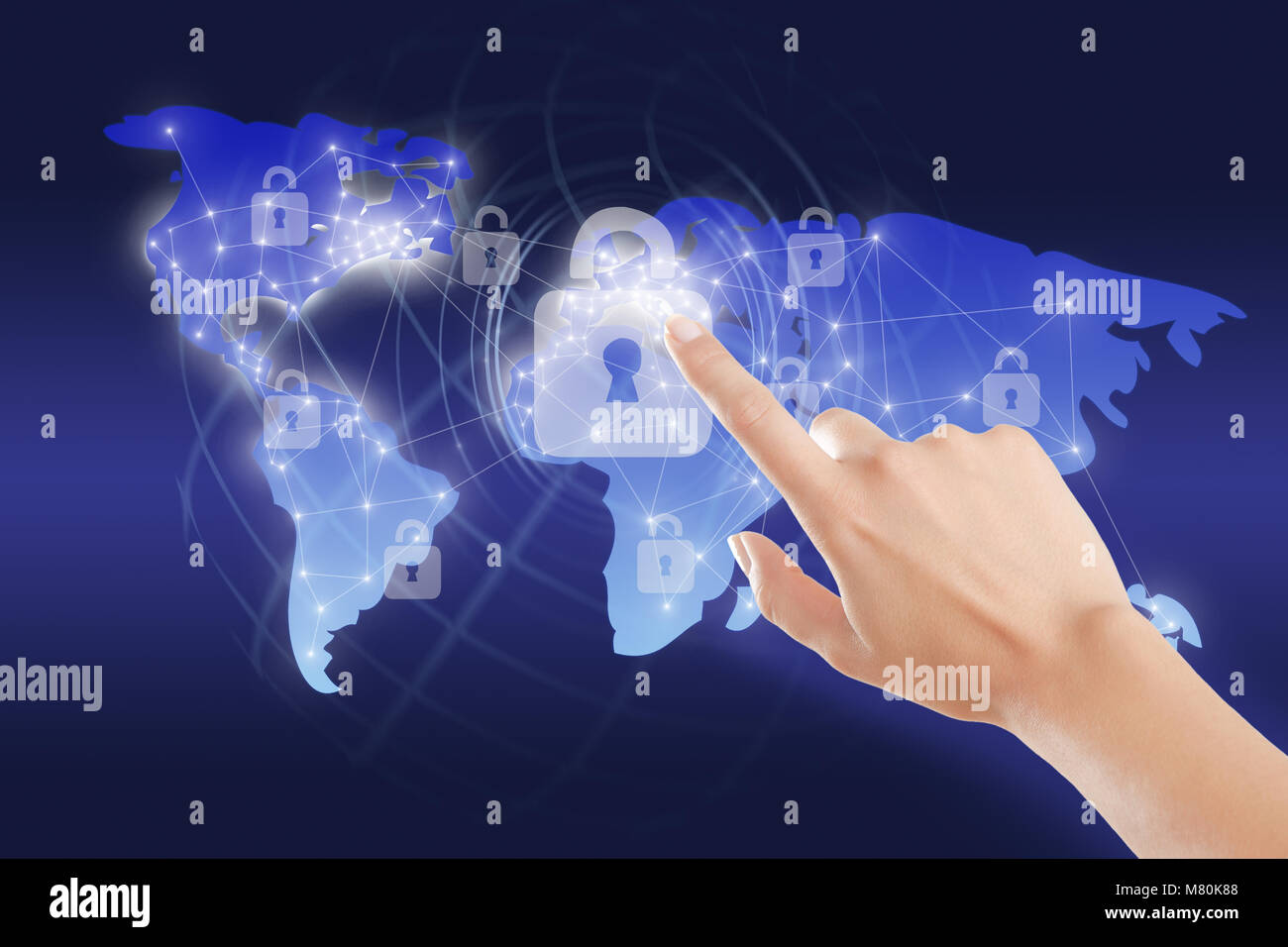 World map digital data points hi res - A Hand Points To A Networked World Map With Encryption Symbols M80K88