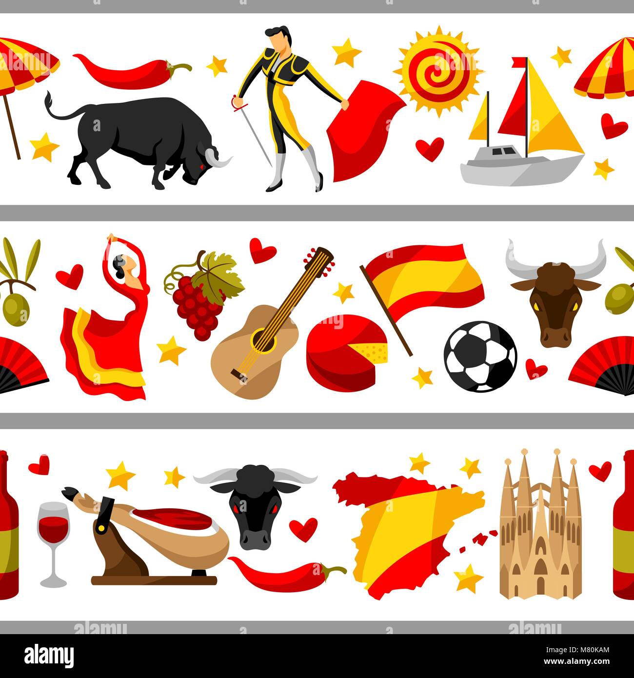Spain seamless border. Spanish traditional symbols and objects Stock