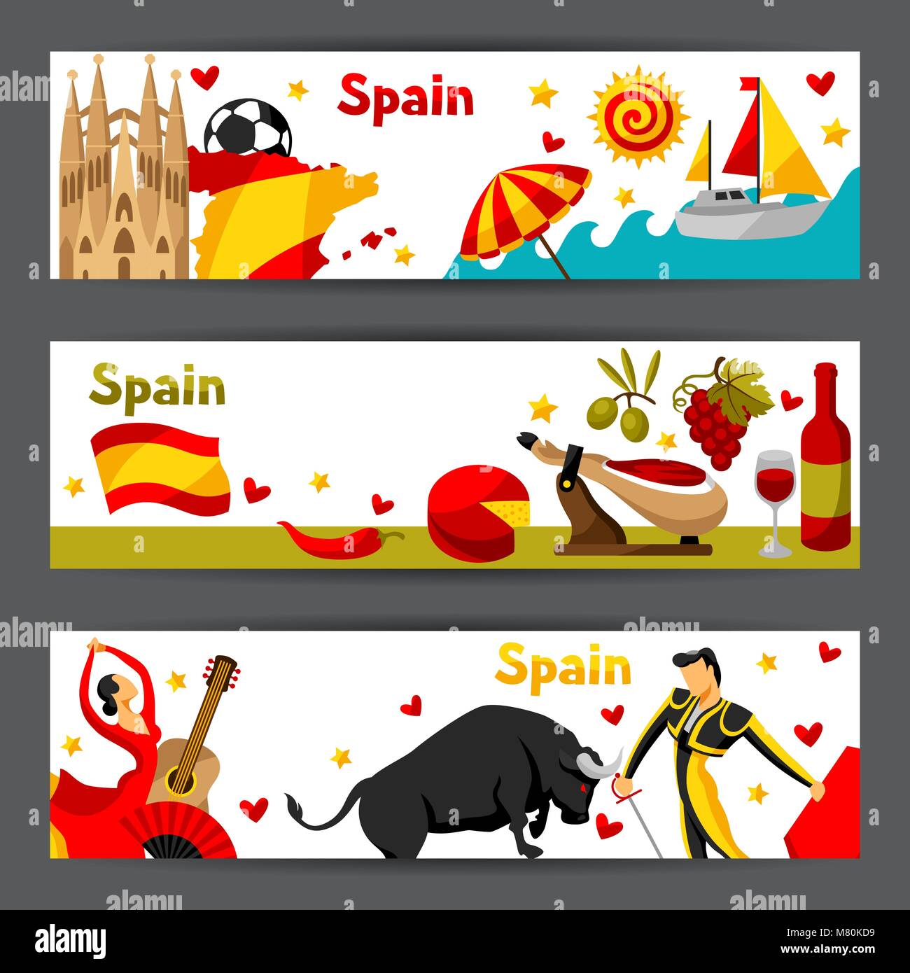 Spain banners design. Spanish traditional symbols and objects Stock