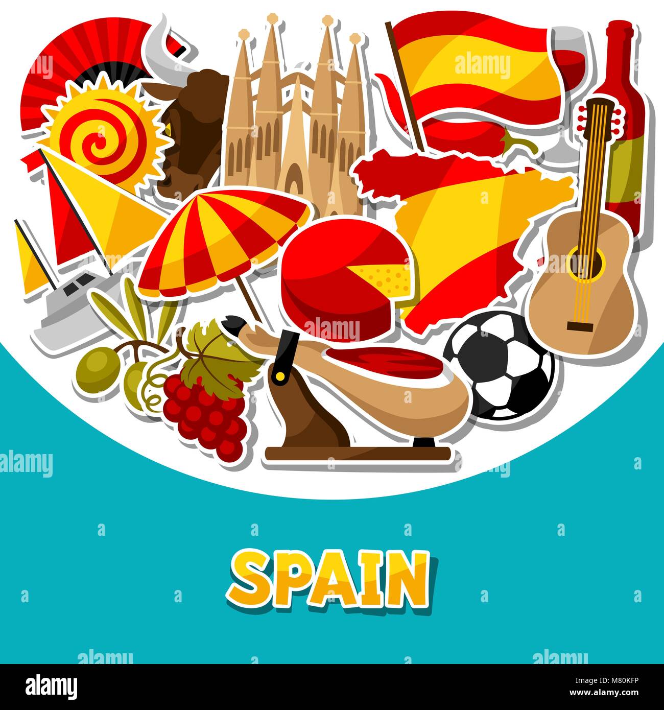 Spain background design. Spanish traditional sticker symbols and