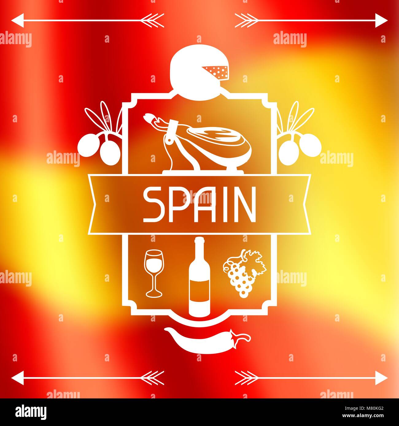 Traditional spanish food. Spain background design on blurred flag Stock Vector