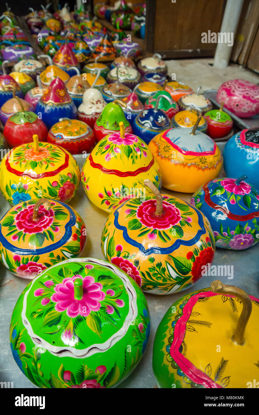 Mexico City, CDMX, Mexico, Colorful boxes made of pumpkins Stock Photo