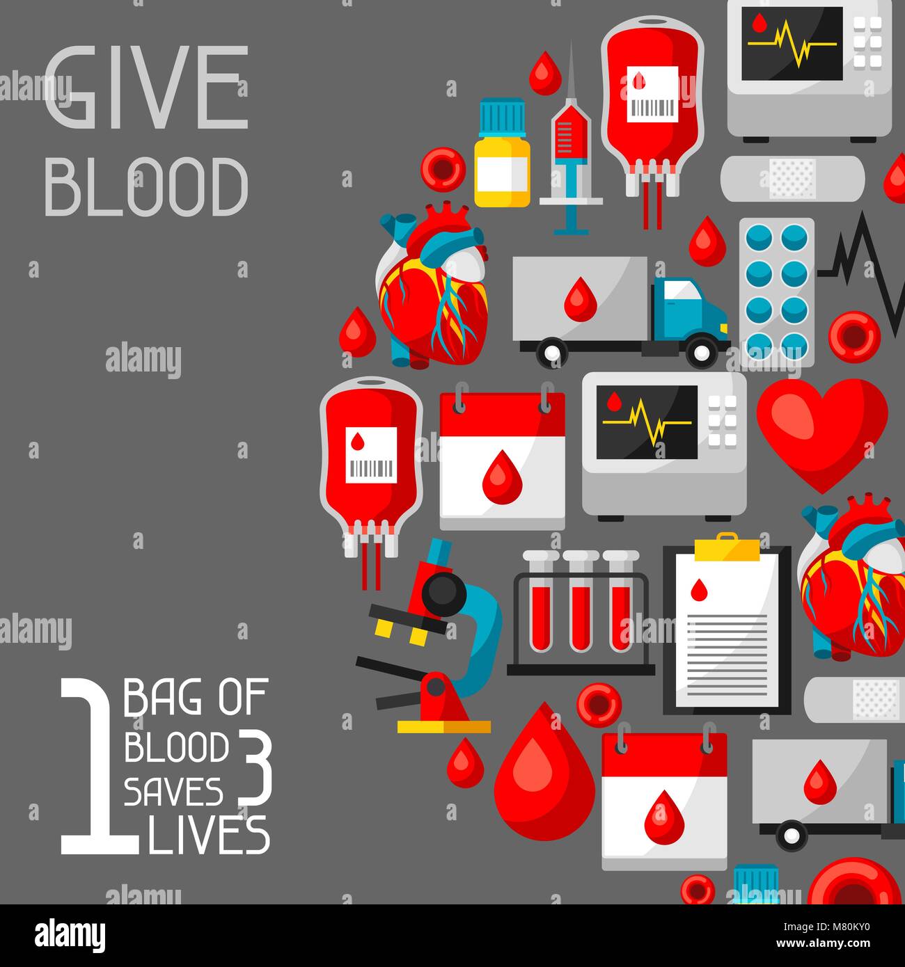 1 bag of blood saves 3 lives. Background with blood donation items