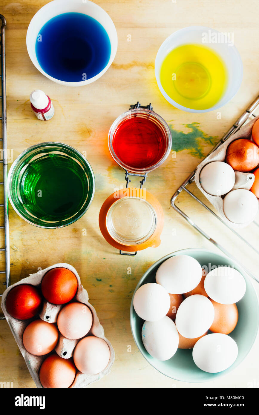 Dyeing eggs for Easter holidays, coloring with different color and