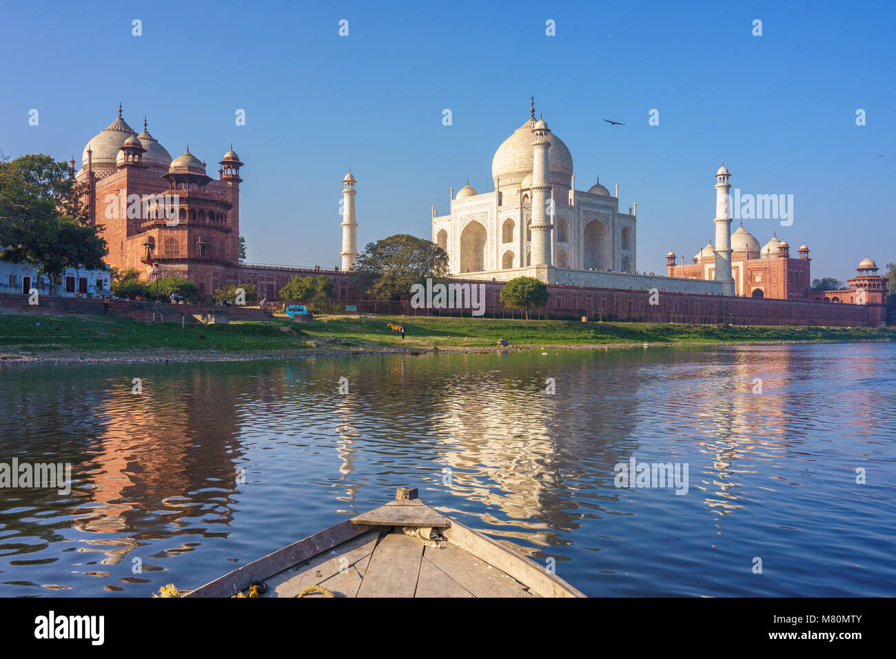Boat ride on Yamuna river near Taj Mahal Stock Photo