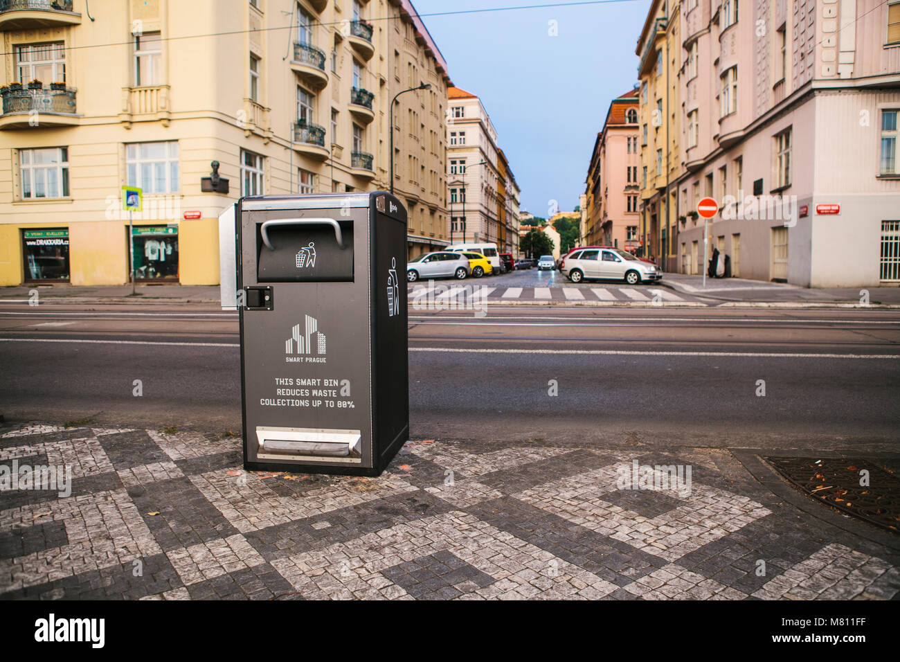 A modern clever trash can on the street in Prague in the Czech Republic.  Collection of waste in Europe for subsequent disposal. Eco-friendly waste  col Stock Photo - Alamy