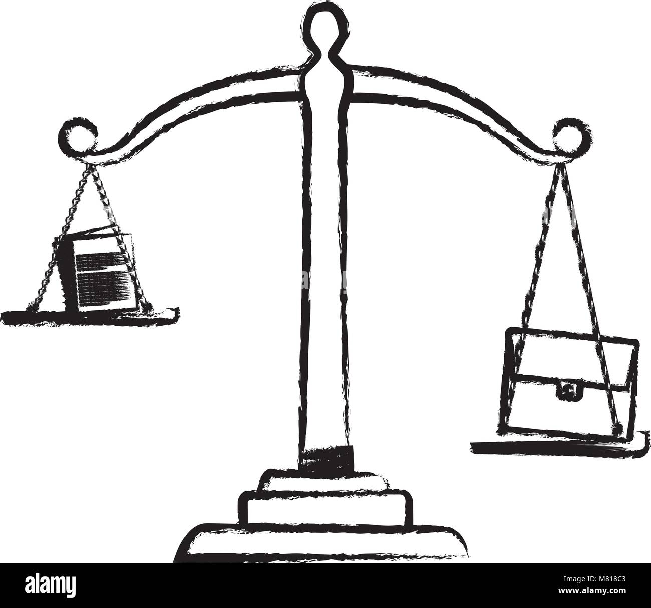 sketch of law scale with briefcase and documents over white background