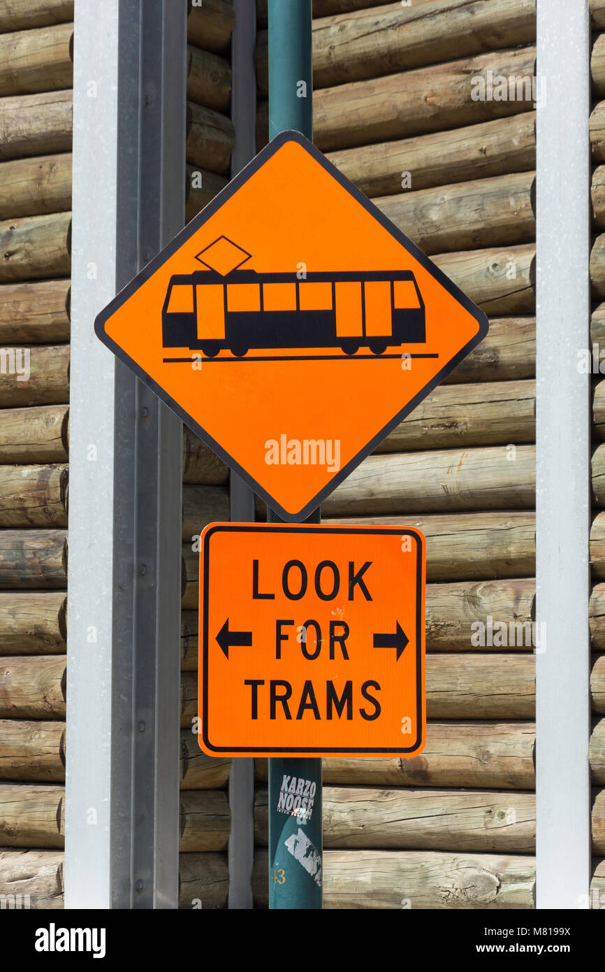 'Look for trams' sign, Cathedral Square, Christchurch, Canterbury, New Zealand Stock Photo