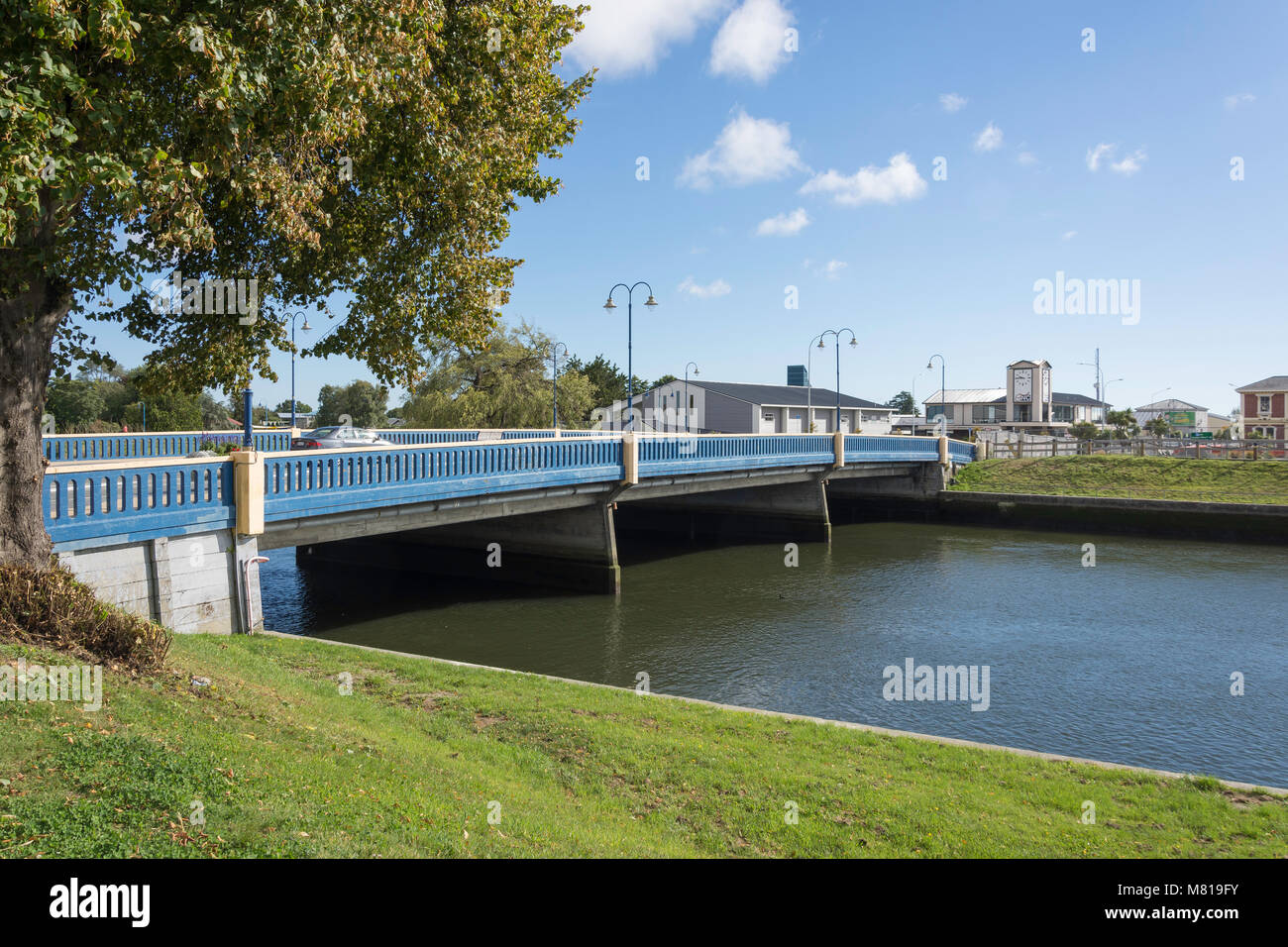 Road bridge across River Kaiapoi, Williams Street, Kaiapoi, Canterbury Region, New Zealand Stock Photo