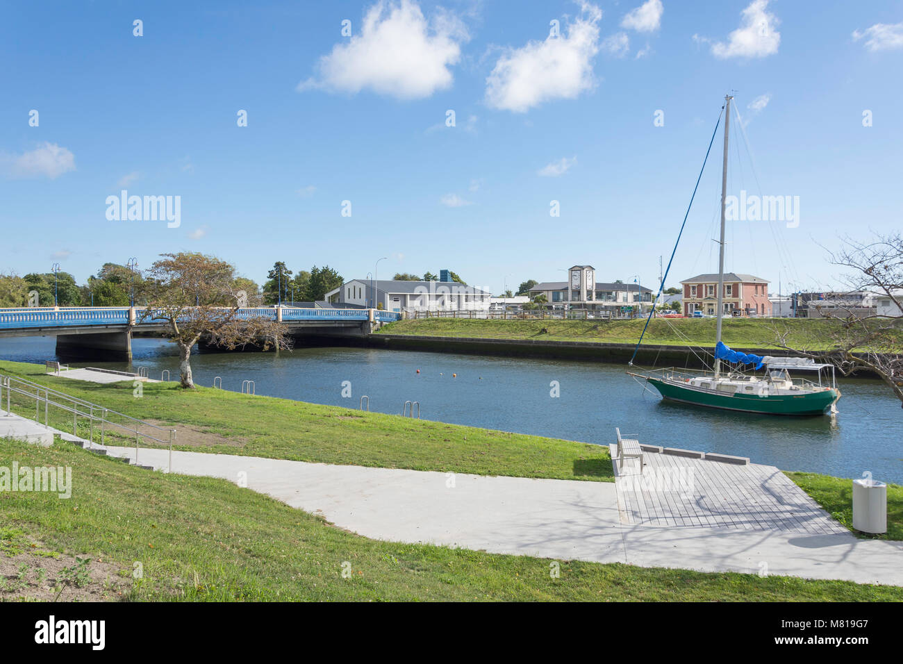 Road bridge across River Kaiapoi, Williams Street, Kaiapoi, Canterbury Region, New Zealand Stock Photo