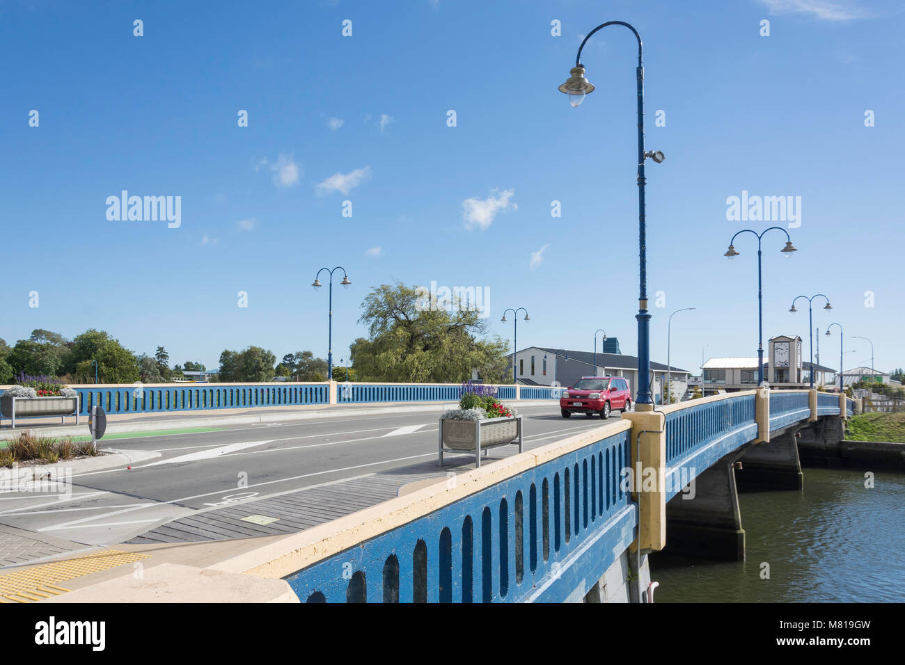 Road bridge across River Kaiapoi, Williams Street, Kaiapoi, Canterbury Region, New Zealand Stock Photo