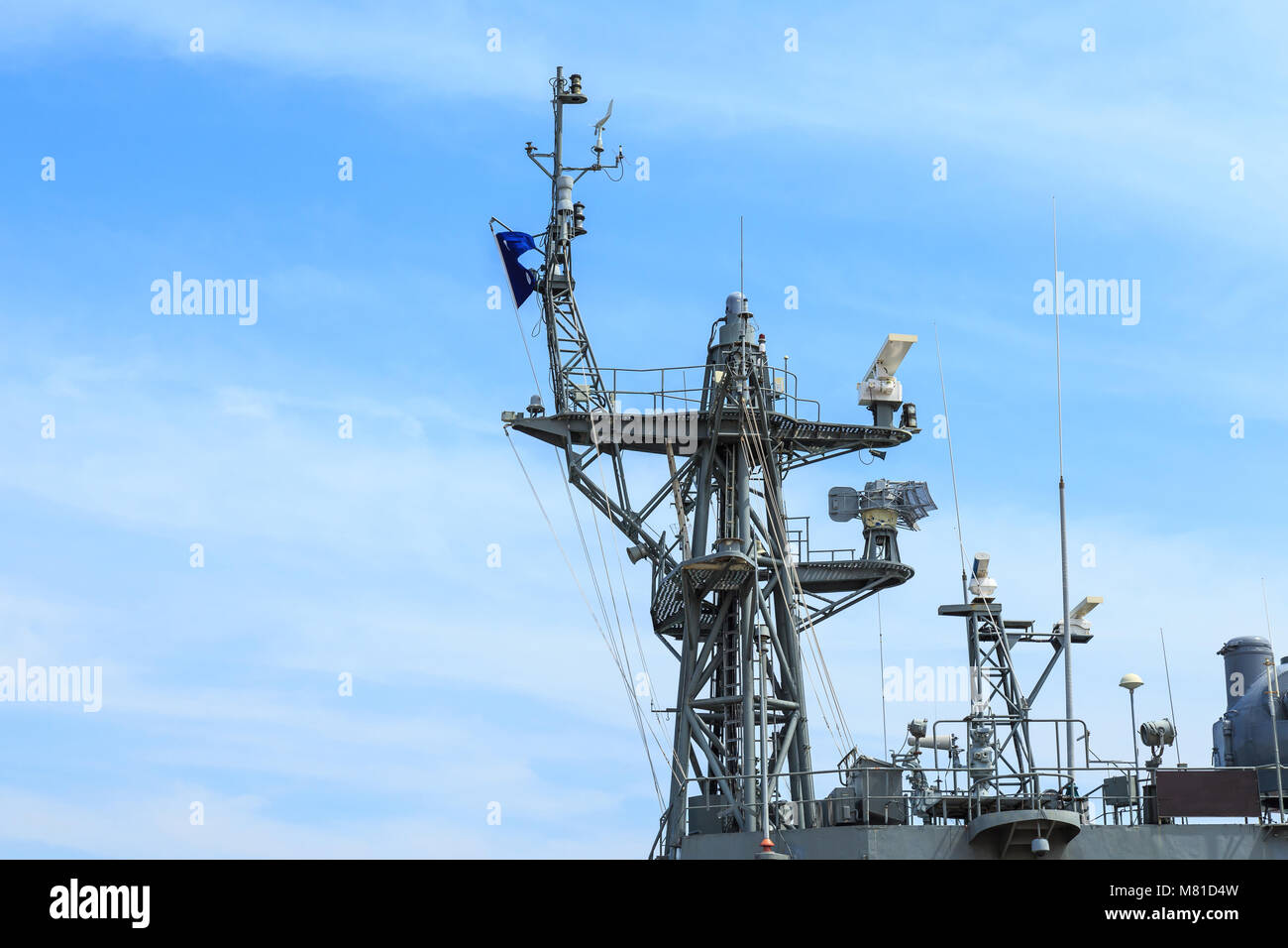 Radar of warship at the harbor in Thailand on blue sky background Stock ...