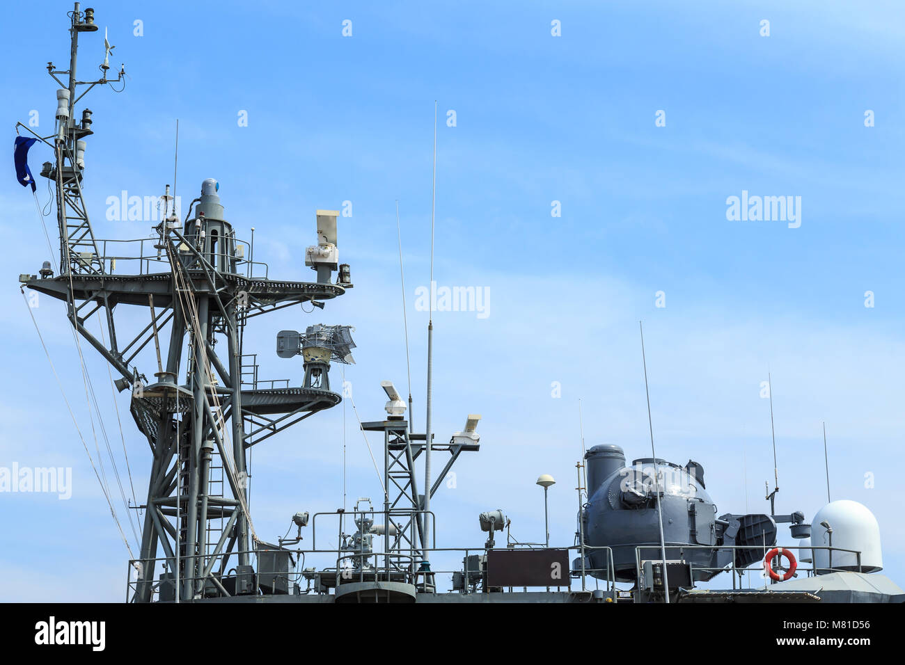 Radar of warship at the harbor in Thailand on blue sky background Stock ...