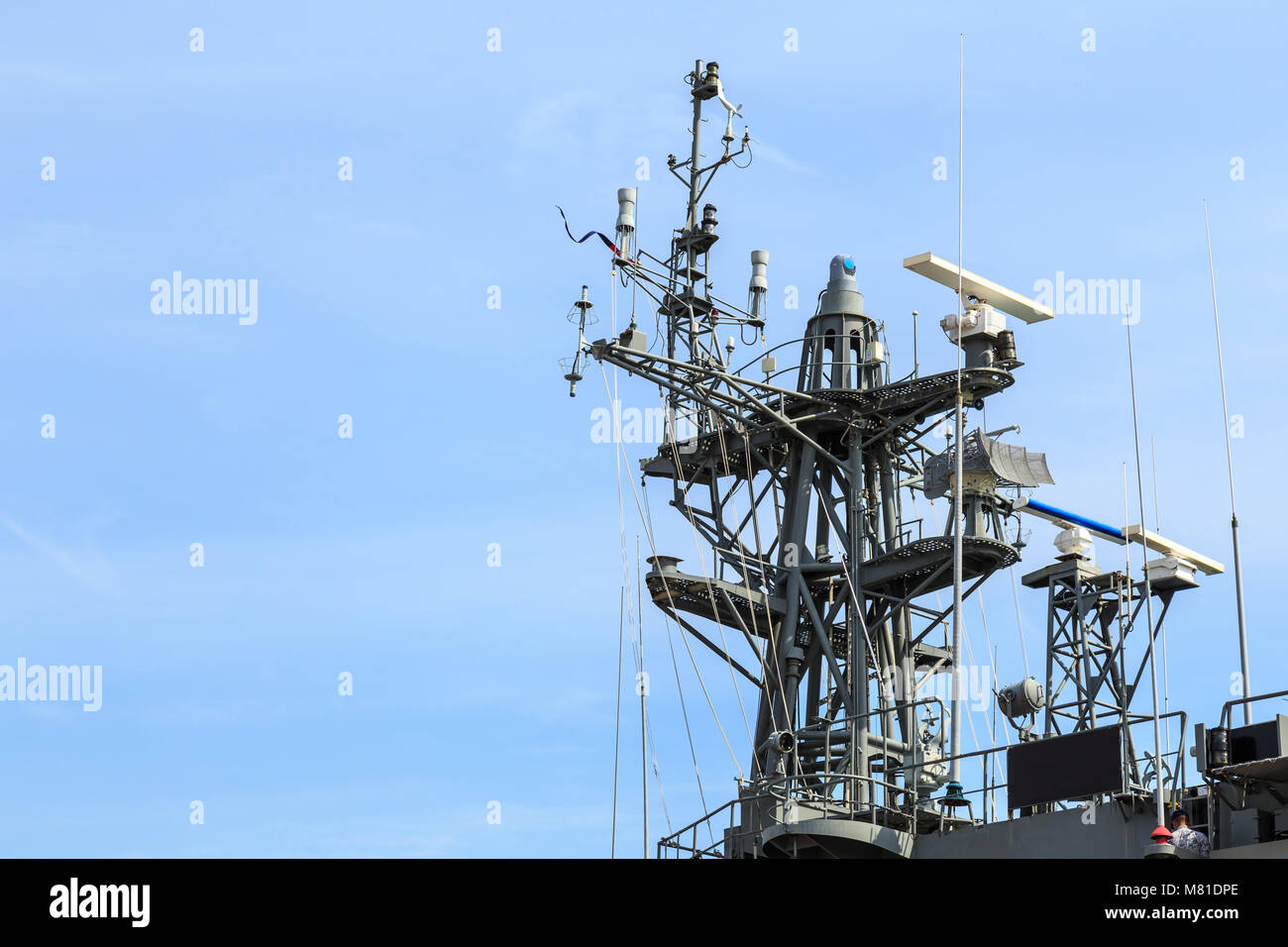 Radar of warship at the harbor in Thailand on blue sky background Stock ...