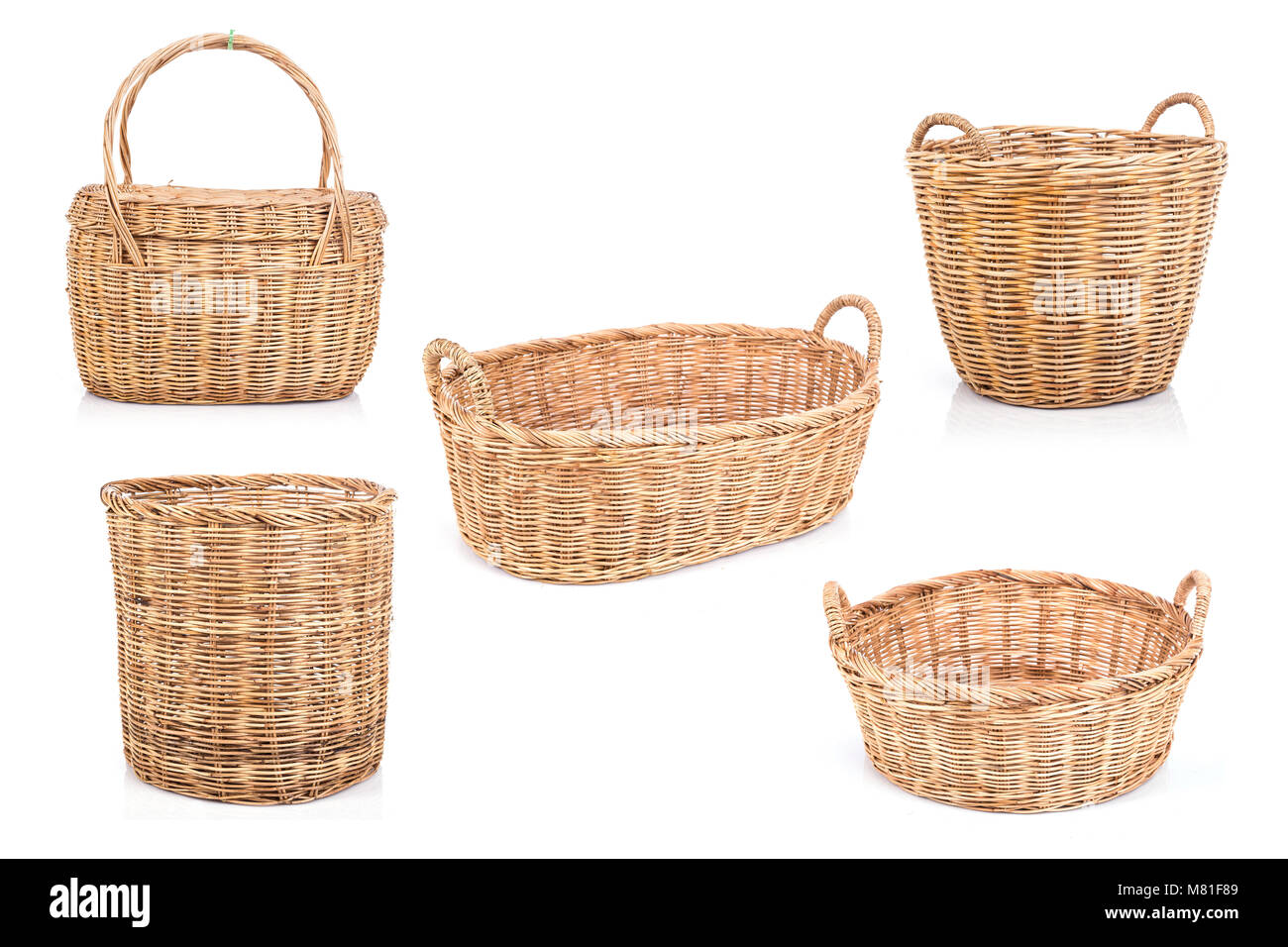 Collection of brown handmade rattan basket isolated on white background Stock Photo