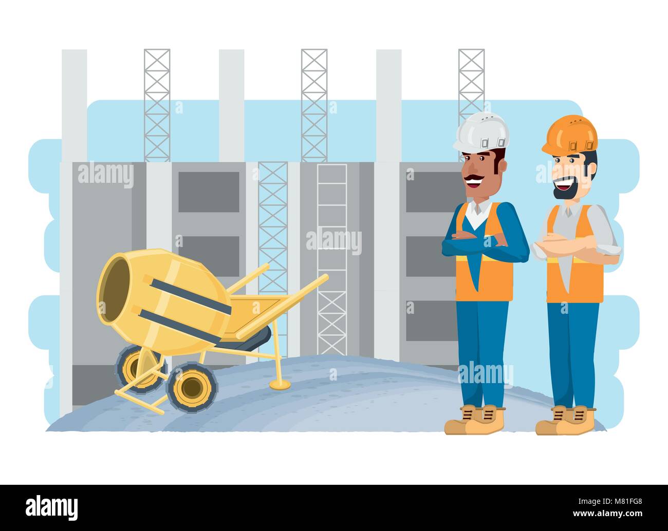 Under construction zone with engineers and concrete mixer  over background, colorful design vector illustration Stock Vector