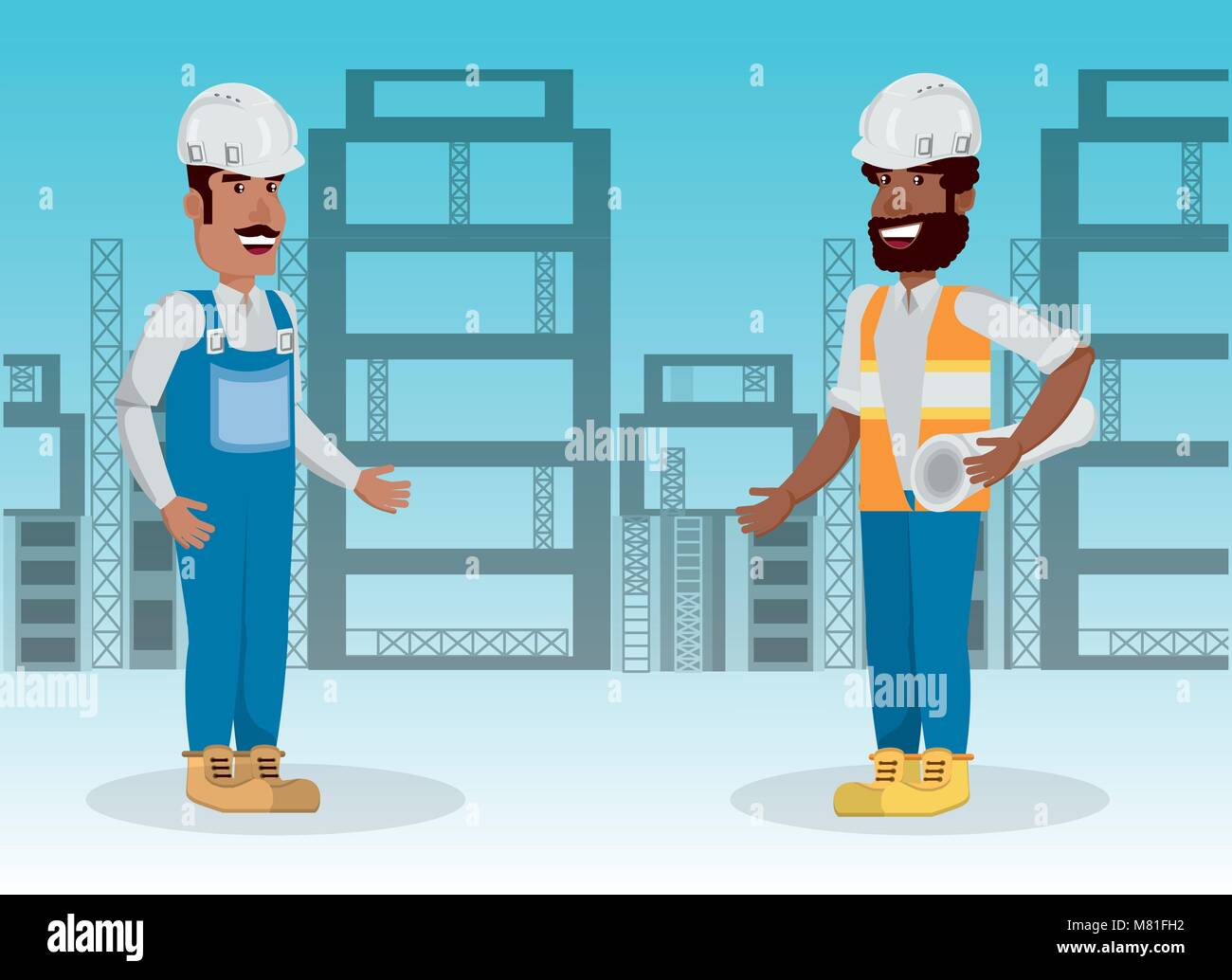 Under construction zone with engineers talking over blue background