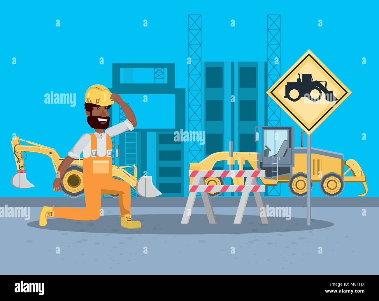 Under construction zone with cartoon builder and construction trucks