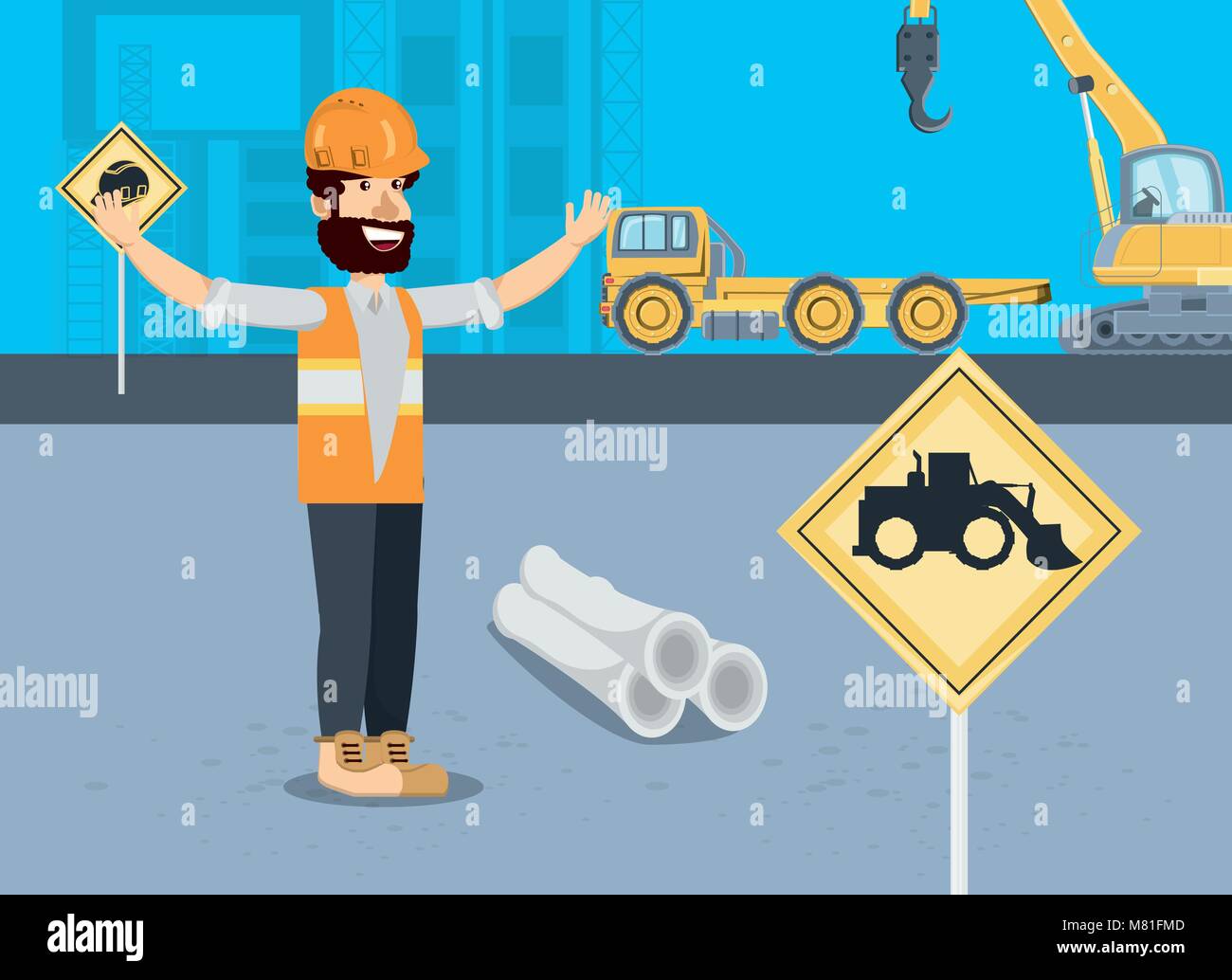 Under construction zone with cartoon engineer and construction trucks