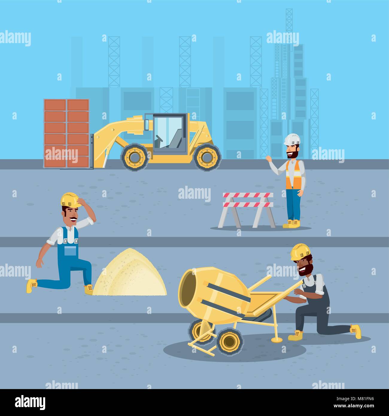 Under construction zone with engineers and builders over blue