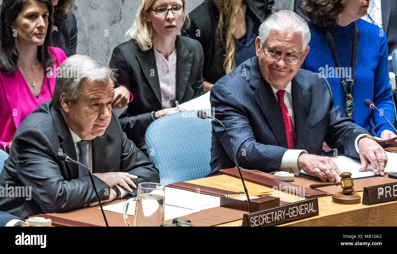 New York, USA, 28 Apr 2017. United States Secretary of State Rex Tillerson  (R) sits next to United Nations Secretary-General António Guterres during a United Nations Security Council Ministerial meeting on North Korea at the UN Headquarters in New York City on April 28, 2017.  At left is US Ambassador to the UN Nikki Haley.  Photo by Enrique Shore/Alamy Stock Photo Stock Photo